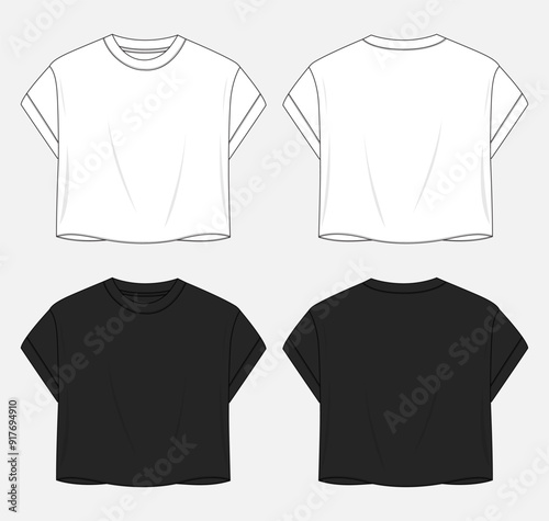 Dress design t shirt tops blouse technical drawing fashion flat sketch vector illustration template for women's and ladies.