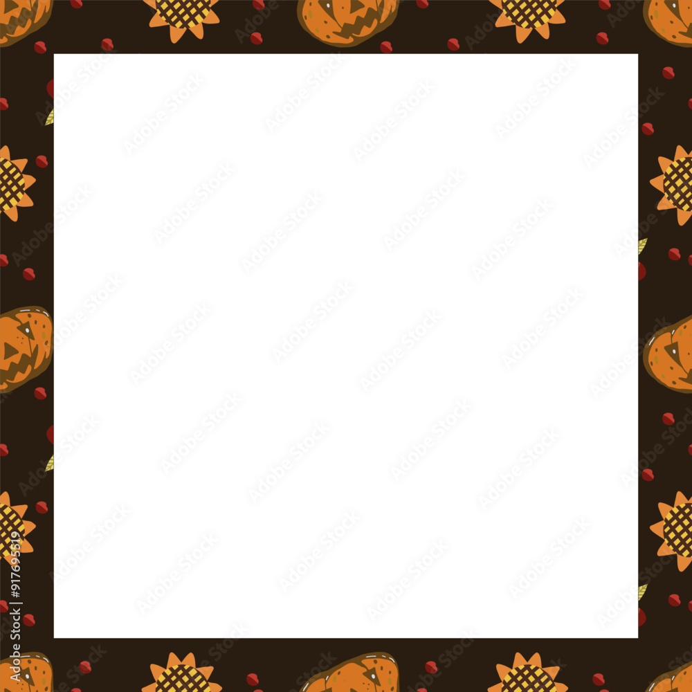 Obraz premium Autumn vector square frame with pumpkins and fall leaves. Hand drawn illustration.