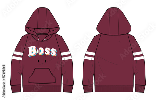 Fleece fabric Long sleeve Red color hoodie with front and back print vector illustration template. Winter clothing hoodie mockup isolated on white background