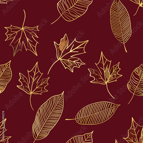 A seamless pattern featuring golden leaves in various shapes and sizes against a burgundy background, creating a sophisticated and elegant autumnal design.