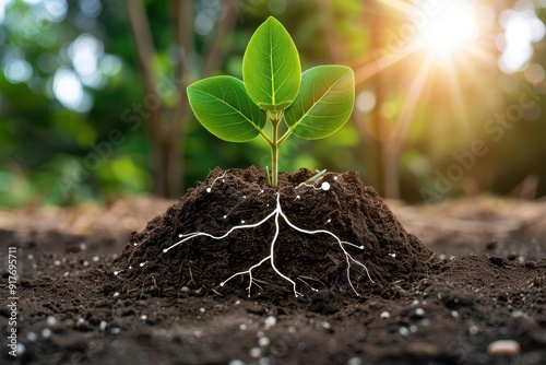 A vibrant green plant sprouting from rich soil, illuminated by sunlight, symbolizing growth and renewal in nature.
