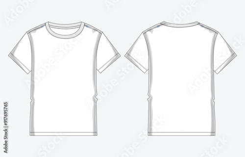 Short sleeve t shirt technical drawing fashion flat sketch vector illustration template front and back views. 