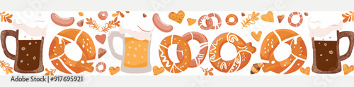 A colorful illustration of beer mugs, pretzels, and hearts on a white background.
