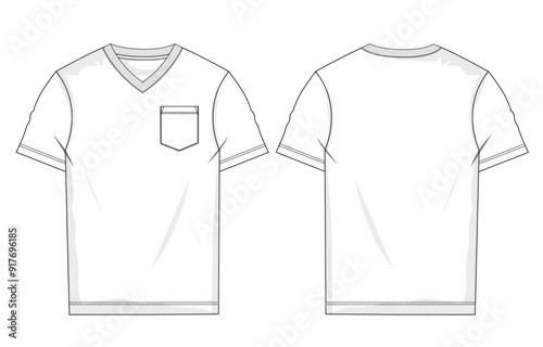 Short sleeve with pocket t shirt technical drawing fashion flat sketch vector illustration template front and back views. 
