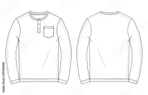 Long sleeve with pocket t shirt technical drawing fashion flat sketch vector illustration template front and back views. 