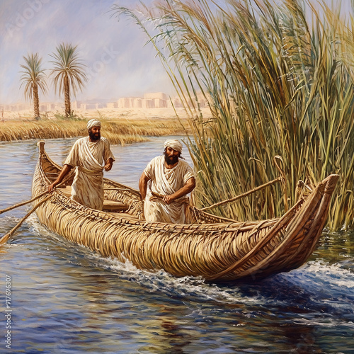 Two Mesopotamian traders crossed the River on a reed boat.