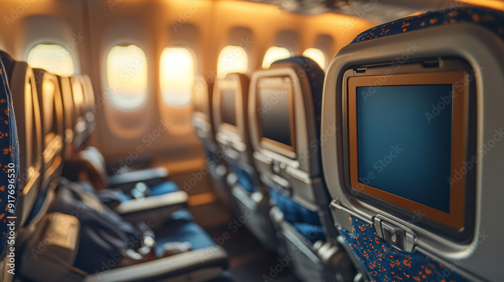 Airplane seats with blank LCD screens, showcasing a mockup device. Ideal for illustrating travel, technology, and modern aviation theme Airplane seats with blank LCD screens, showcasing a mockup device. Ideal for illustrating travel, technology, and modern aviation theme