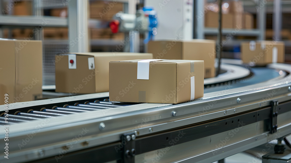 Packages on conveyor belt in modern warehouse environment, industrial logistics and shipping automation, efficient distribution and supply chain, streamlined packaging process for fast delivery Packages on conveyor belt in modern warehouse environment, industrial logistics and shipping automation, efficient distribution and supply chain, streamlined packaging process for fast delivery