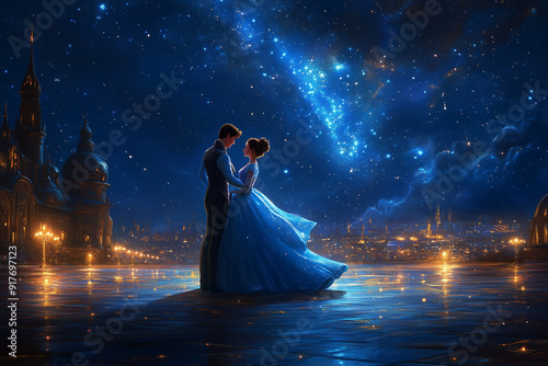 A princess in a grand ballroom, dancing with a charming prince under a starry sky.
