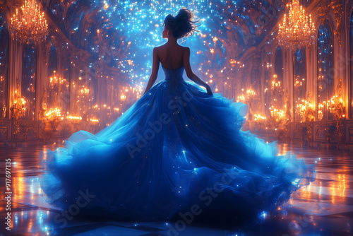 A princess in a magnificent ball gown dancing at a grand royal ball in a glittering palace.