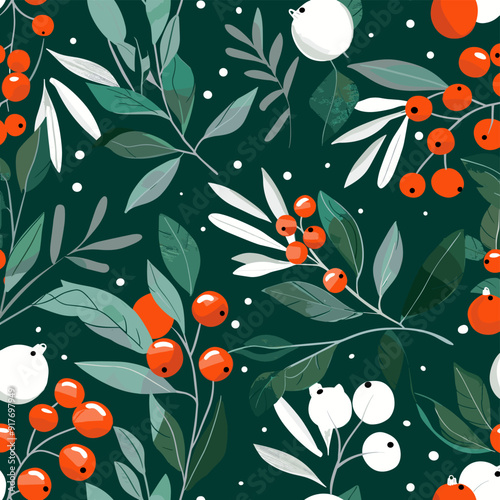 A seamless pattern featuring a festive arrangement of red berries white ornaments and stylized green leaves on a deep green background This vibrant design would be perfect for creating wrapping paper