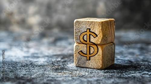 Wooden blocks showing a dollar symbol and arrow upward, embodying financial growth on a textured surface. photo