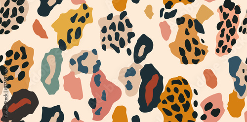 Abstract seamless pattern with colorful leopard print spots in a modern style. This trendy design features a variety of organic shapes, perfect for creating unique and eye-catching designs.