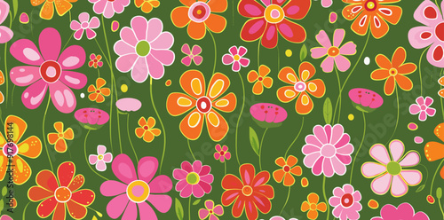 A seamless pattern of colorful flowers on a green background. The flowers are drawn in a whimsical style, with exaggerated petals and centers. The background is a solid green color.