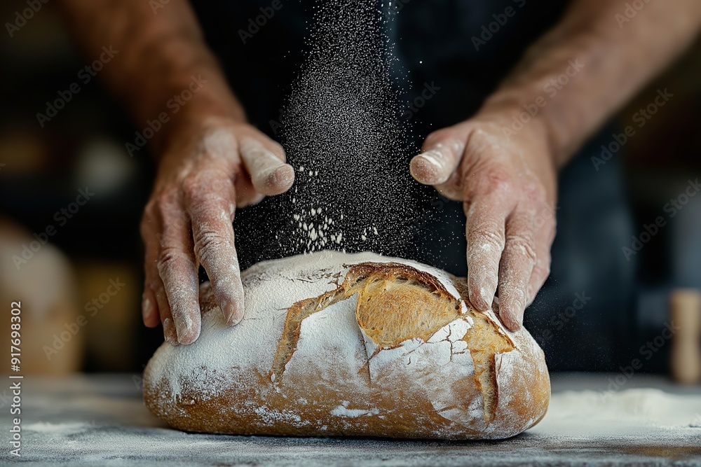 Baker Dusting Freshly Baked Loaf of Bread Baker Dusting Freshly Baked Loaf of Bread