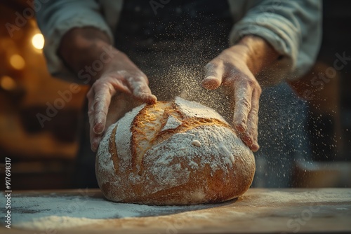 Baker Sprinkling Flour on Rustic Bread Loaf