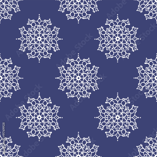 White snowflake pattern on blue background. This seamless design is perfect for adding a touch of wintery magic to your projects.
