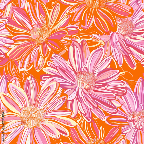 Seamless pattern of pink and orange stylized daisy flowers on orange background.