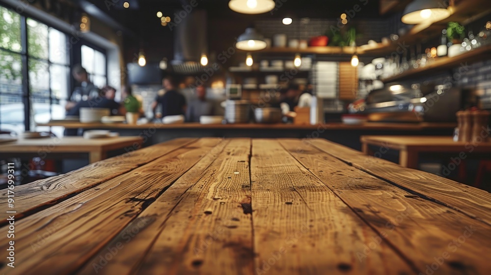 A rustic wooden table sits in the foreground, with a blurry background of a cozy cafe. A rustic wooden table sits in the foreground, with a blurry background of a cozy cafe.