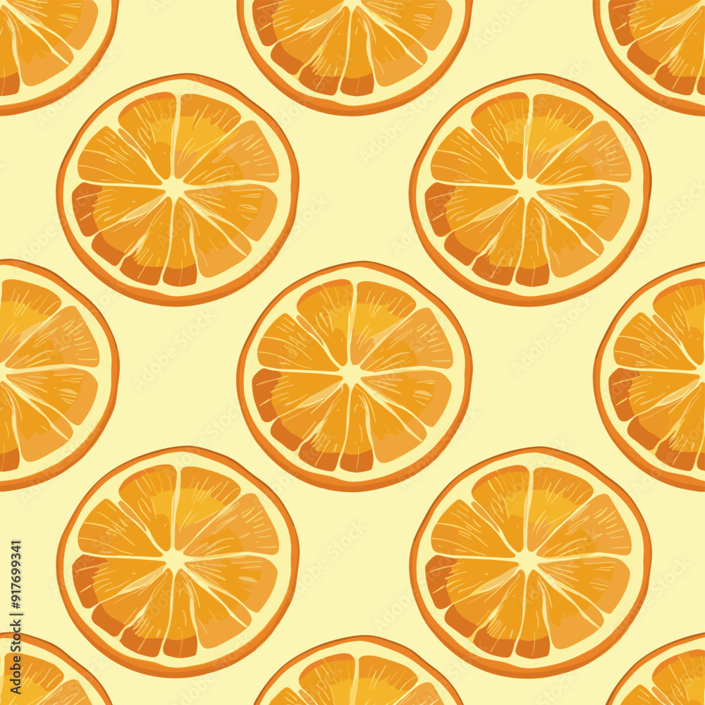 Obraz premium A seamless pattern featuring vibrant orange slices against a soft yellow background, creating a cheerful and refreshing design.