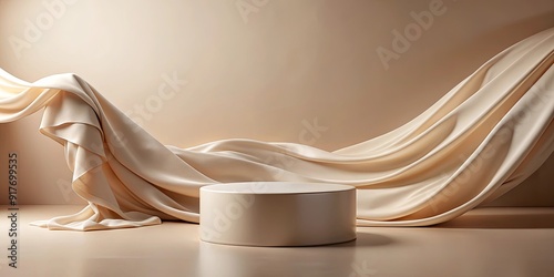 Luxurious display podium with flying cloth on beige background for beauty product presentation ,  render, glamour, minimal