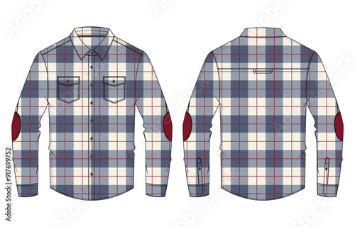 Long sleeve shirt with pocket technical drawing fashion flat sketch vector illustration template front and back views. Garments shirt mock up cad for men's and boys