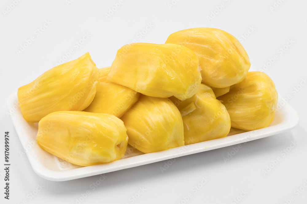 Ripe jackfruit flesh in a white plate, Close-up of jackfruit on white background, Ripe Jackfruit on white background. Ripe jackfruit flesh in a white plate, Close-up of jackfruit on white background, Ripe Jackfruit on white background.