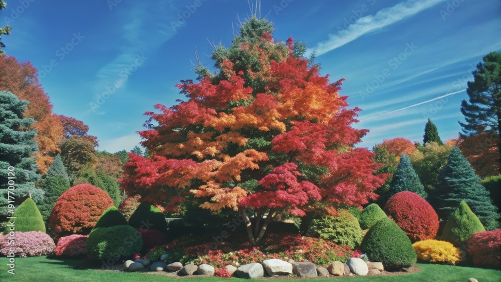 Vibrant Autumn Colors in a Lush Garden - A majestic maple tree with ...
