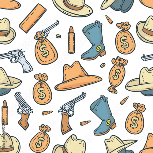 A seamless pattern of Wild West themed illustrations, including cowboy hats, boots, revolvers, money bags, and bullets. Perfect for use in Western-themed projects, designs, and presentations.