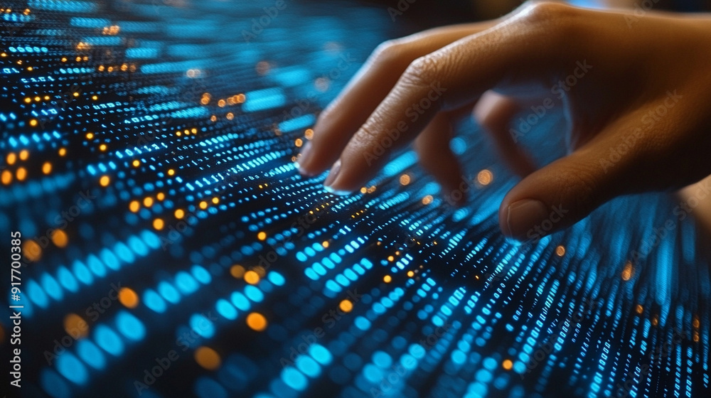 blue computer screen displays intricate binary code, symbolizing the digital age, data encryption, and the rapid advancement of technology in modern society
