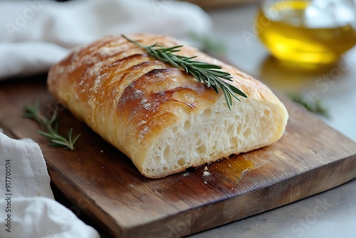 Freshly baked ciabatta bread on a wooden cutting board with rosemary and olive oil, capturing the essence of homemade artisan bread.