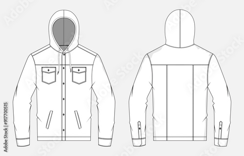 Long sleeve jacket with hood technical drawing fashion flat sketch vector illustration template front and back views. Men's Sweatshirt clothing mock up cad