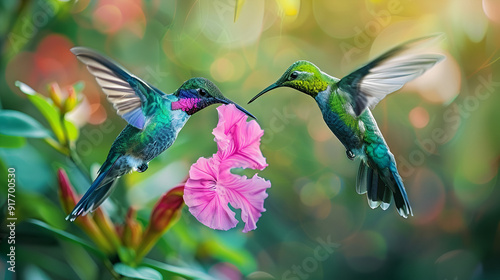 hummingbird in flight feeding on flower ,generative ai