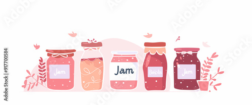 Five jars of jam with different flavors and labels, arranged in a row on a white background with floral accents, perfect for showcasing homemade preserves, sweet treats, and country kitchen charm.