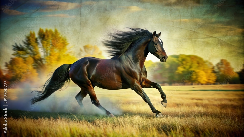 Majestic Black Horse Galloping Through Golden Field - A powerful black horse with a flowing mane gallops across a golden field, symbolizing freedom, speed, strength, and the beauty of nature. Majestic Black Horse Galloping Through Golden Field - A powerful black horse with a flowing mane gallops across a golden field, symbolizing freedom, speed, strength, and the beauty of nature.
