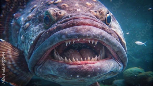 Close-Up of a Grouper's Jaw with Sharp Teeth Underwater - A close-up view of a grouper's mouth, showcasing its sharp teeth, open maw, and predatory nature. The image captures the power and intensity o