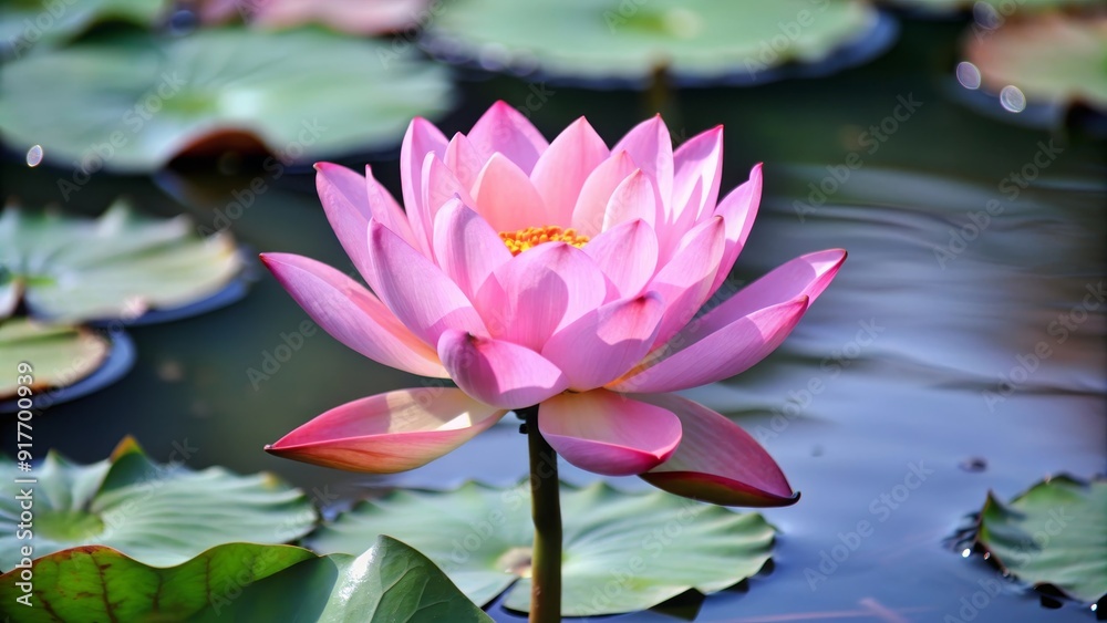 Pink Water Lily Blooming in Pond - Serenity and Beauty - A single pink water lily blooms gracefully in a tranquil pond, surrounded by lily pads. The flower represents purity, peace, and enlightenment. Pink Water Lily Blooming in Pond - Serenity and Beauty - A single pink water lily blooms gracefully in a tranquil pond, surrounded by lily pads. The flower represents purity, peace, and enlightenment.