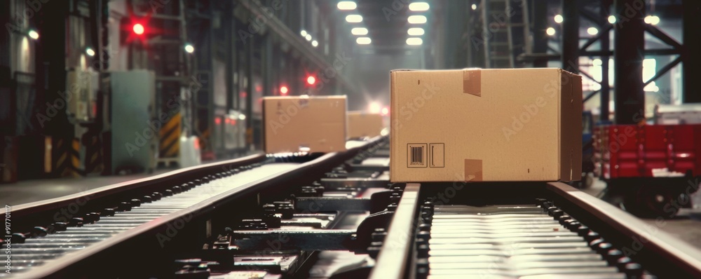 Cargo in cardboard box on conveyor belt against the background of freight warehouse of postal company. The package is in cardboard box. Small business. Order delivery,cargo transportation, mail Cargo in cardboard box on conveyor belt against the background of freight warehouse of postal company. The package is in cardboard box. Small business. Order delivery,cargo transportation, mail