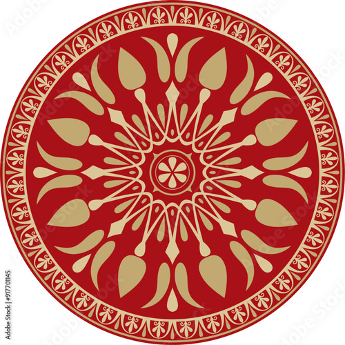 Vector gold with red classic Greek round ornament. Circle of Ancient Greece and the Roman Empire. Byzantine painting of walls, floors and ceilings. Decoration of European palaces
