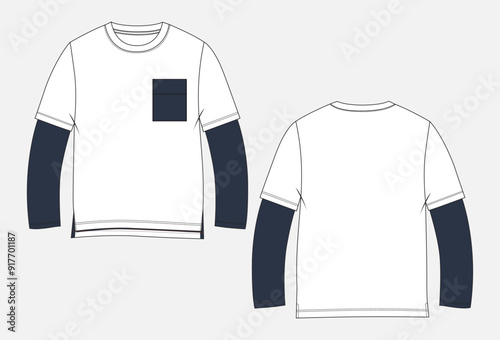  Long sleeve t shirt technical drawing fashion flat sketch vector illustration template front and back views.