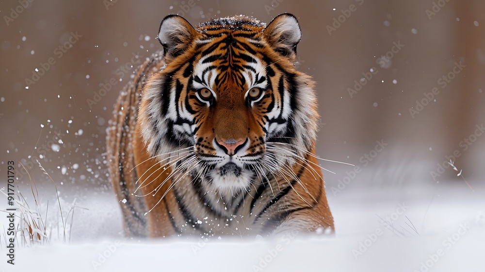 Fierce Siberian tiger trudging through snowy taiga Fierce Siberian tiger trudging through snowy taiga