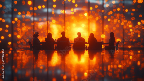 blurred group of diverse professionals engaged in a collaborative meeting. The focus is on the dynamic interaction, representing teamwork, diversity, and collective brainstorming in a modern business 