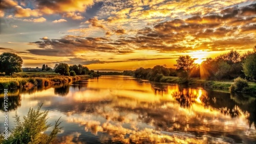 Golden Sunset Reflecting on Calm River - A serene landscape with a golden sunset casting a warm glow on a tranquil river, with fluffy clouds mirroring in the water, representing peace, tranquility, be