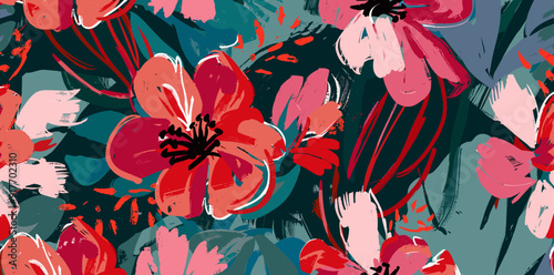 Abstract floral pattern in bold red, pink, and blue hues on a dark green background. The design is created with brushstrokes, giving it a hand-painted look.