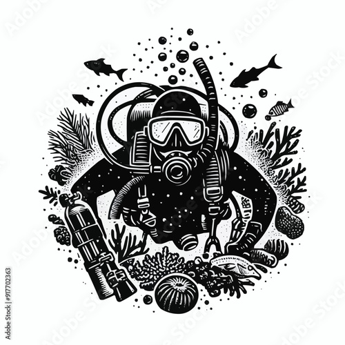 hand drawn scuba diver silhouette