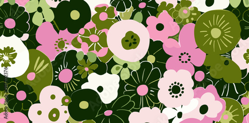 A vibrant and playful pattern featuring a multitude of stylized flowers in shades of pink, white, and green. The flowers are arranged in a dense cluster, creating a sense of movement and energy.