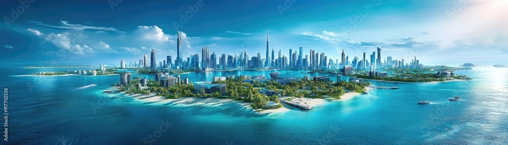 Obraz premium A stunning aerial view of a modern city skyline surrounded by serene waters and lush greenery, showcasing urban beauty and nature.