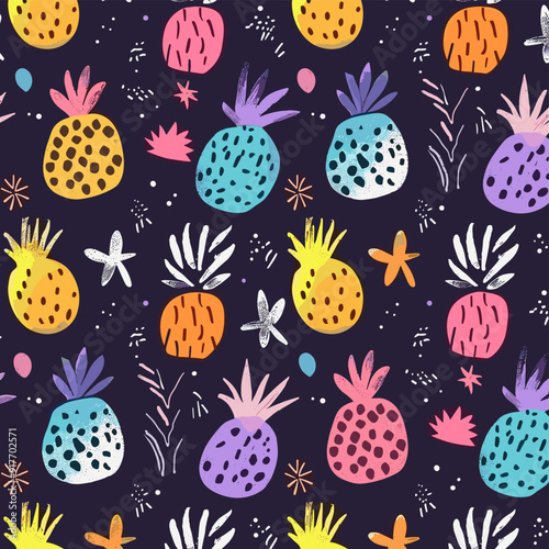 Colorful, playful pineapple pattern on a dark background. This repeating pattern features stylized pineapples in various colors and textures, creating a vibrant and cheerful design.
