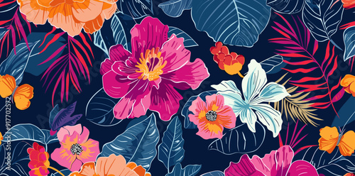 Vibrant tropical floral seamless pattern with pink, yellow, and blue flowers and leaves on a dark blue background.