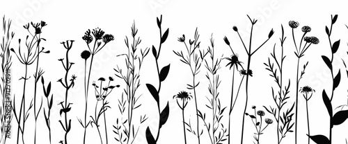 A collection of black silhouettes of wild grasses and flowers, set against a white background.  Ideal for design projects, crafts, and decorations.